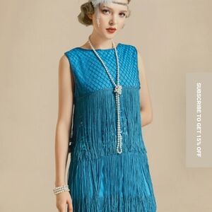 Elegant Blue Fringe Dress With White Faux Fur Shall. Roaring 20's Costume